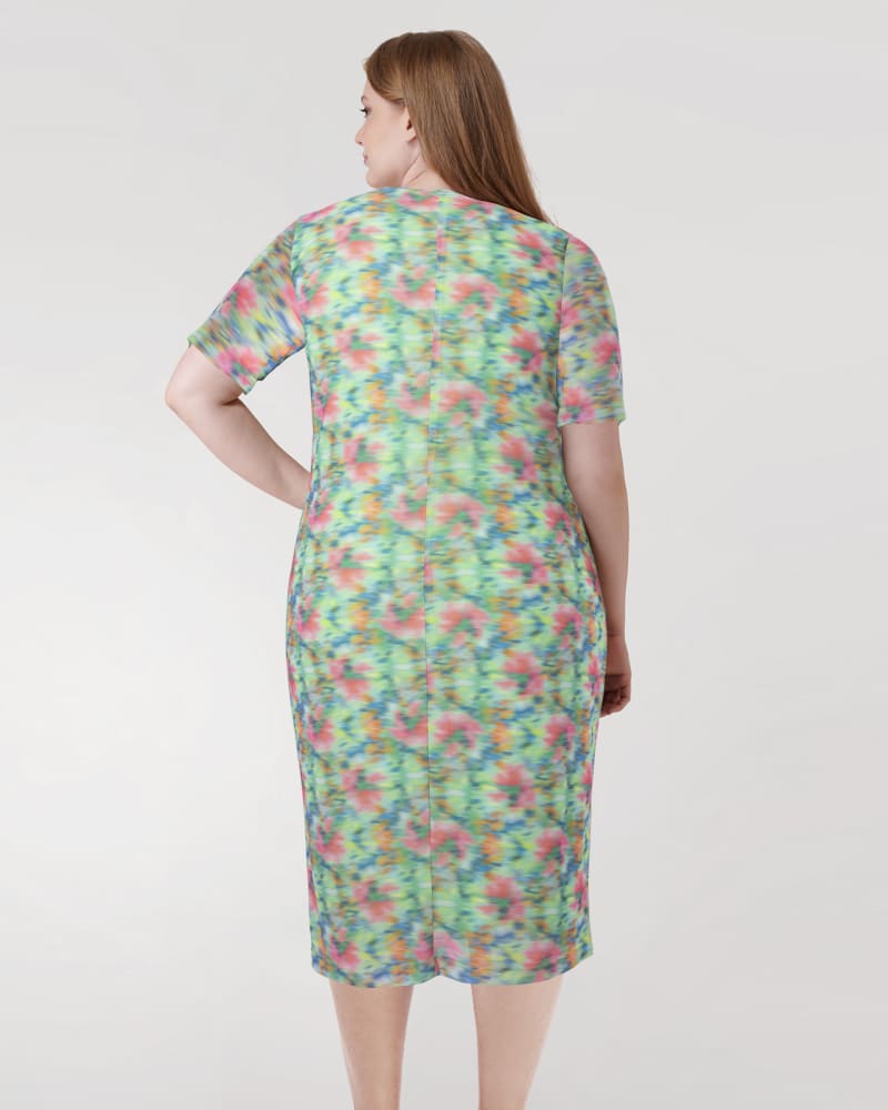 Back of a model wearing a size 2X Mesh Midi Sheath Dress in Green by Marée Pour Toi. | dia_product_style_image_id:291089